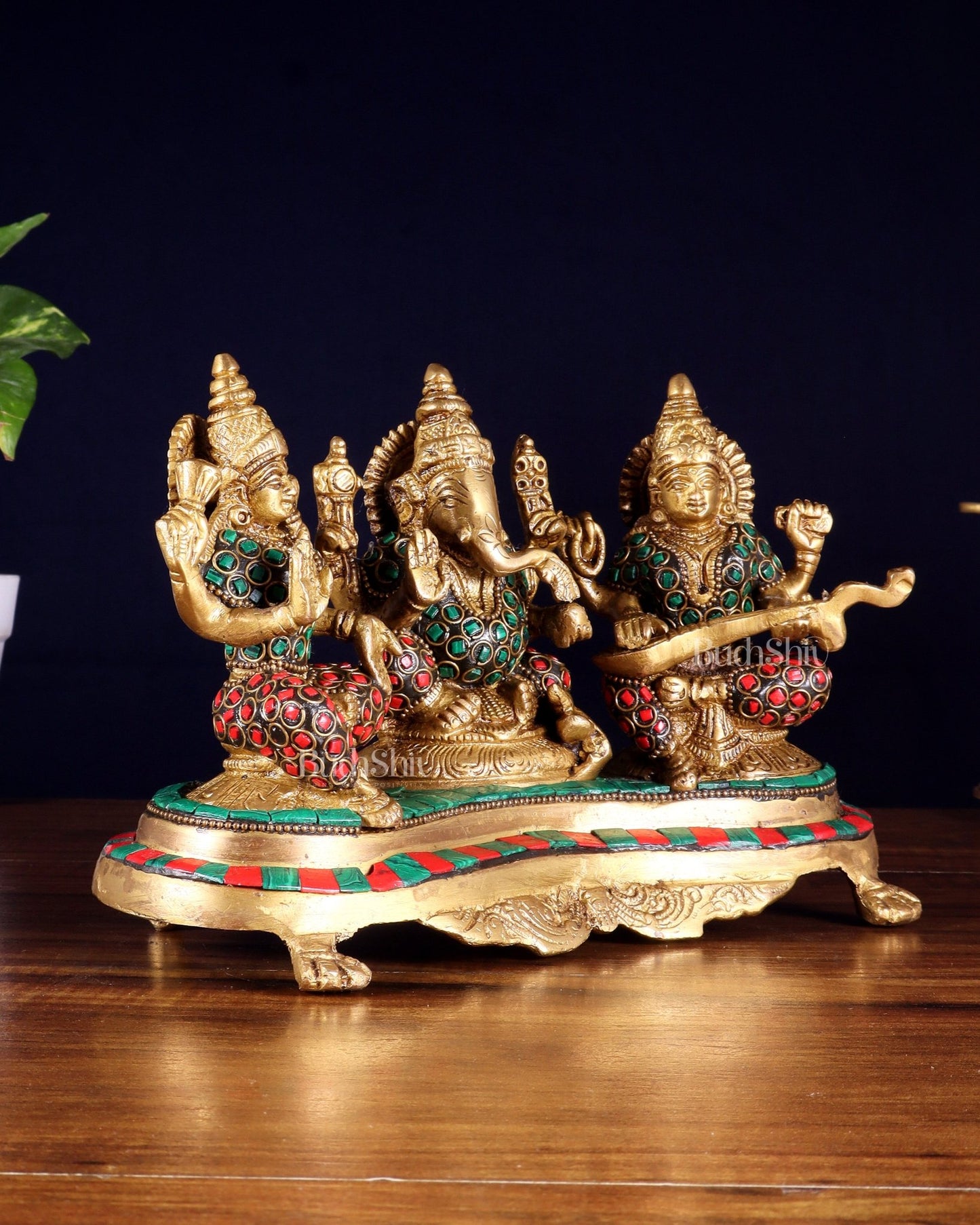 Ganesha Lakshmi Saraswati Brass Idols with meenakari stonework 6.5" - Budhshiv.com