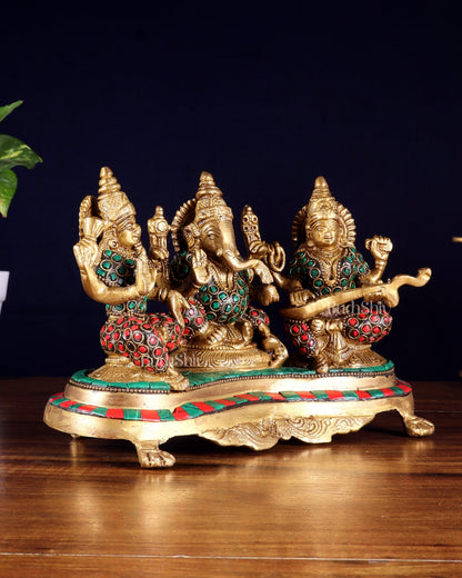 Ganesha Lakshmi Saraswati Brass Idols with meenakari stonework 6.5" - Budhshiv.com