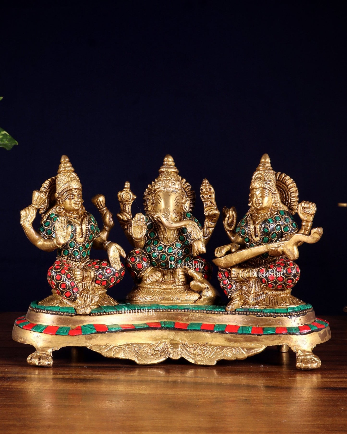 Ganesha Lakshmi Saraswati Brass Idols with meenakari stonework 6.5" - Budhshiv.com