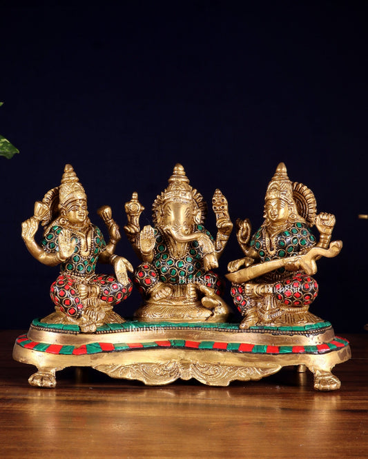 Ganesha Lakshmi Saraswati Brass Idols with meenakari stonework 6.5" - Budhshiv.com