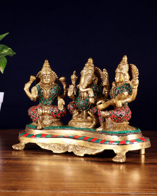 Ganesha Lakshmi Saraswati Brass Idols with meenakari stonework 6.5" - Budhshiv.com