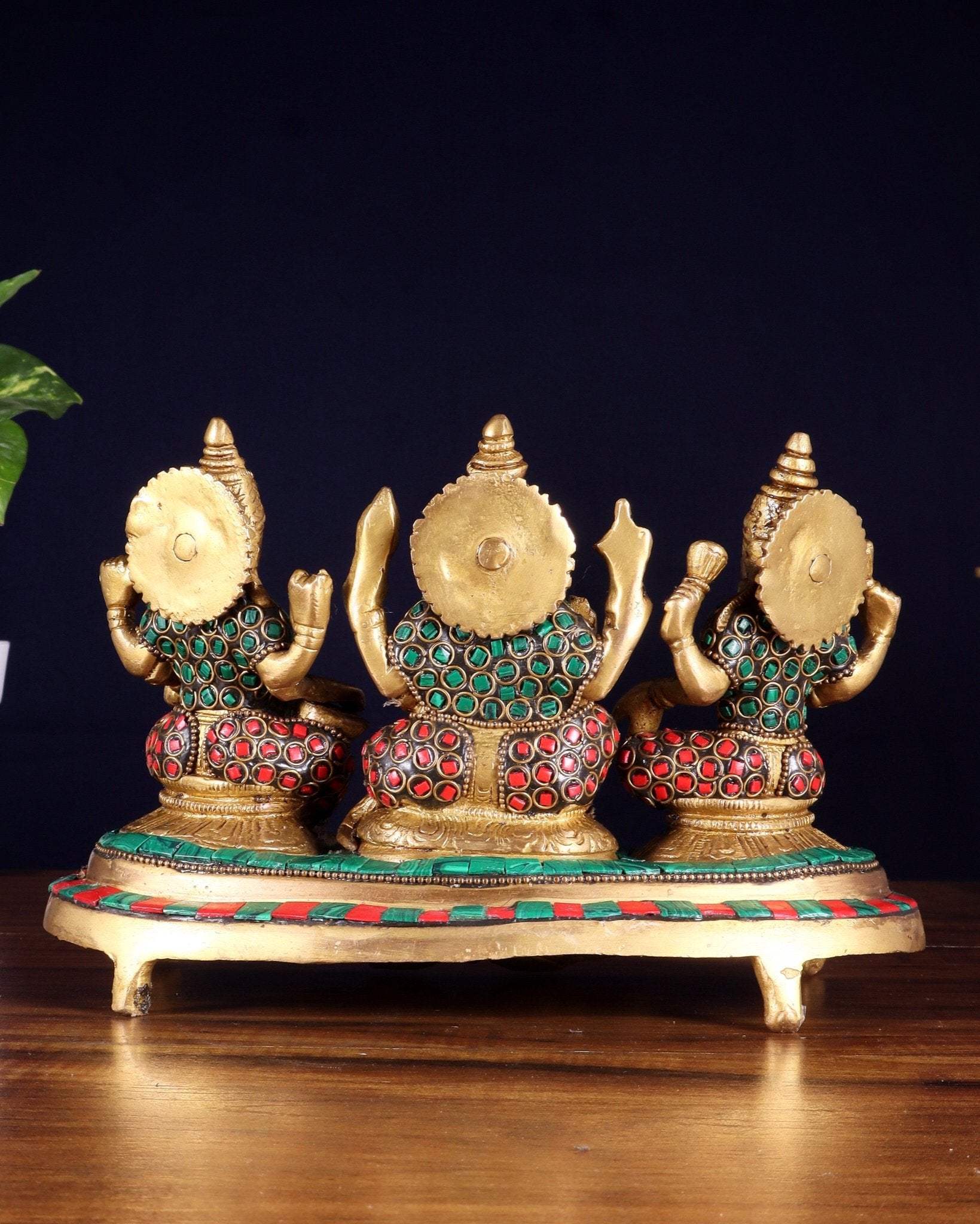 Ganesha Lakshmi Saraswati Brass Idols with meenakari stonework 6.5" - Budhshiv.com