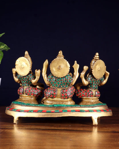 Ganesha Lakshmi Saraswati Brass Idols with meenakari stonework 6.5" - Budhshiv.com