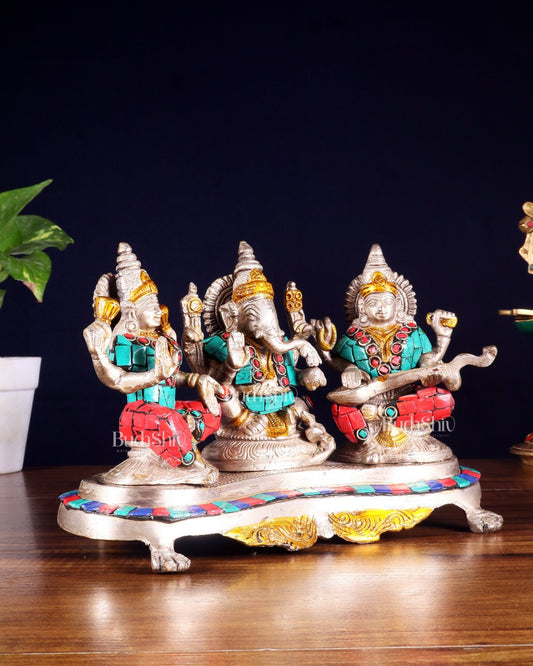 Ganesha Lakshmi Saraswati Brass Silver plated Idol with stonework 6.5" - Budhshiv.com