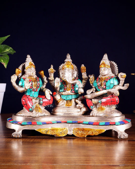 Ganesha Lakshmi Saraswati Brass Silver plated Idol with stonework 6.5" - Budhshiv.com