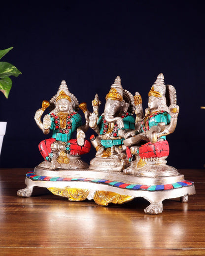 Ganesha Lakshmi Saraswati Brass Silver plated Idol with stonework 6.5" - Budhshiv.com