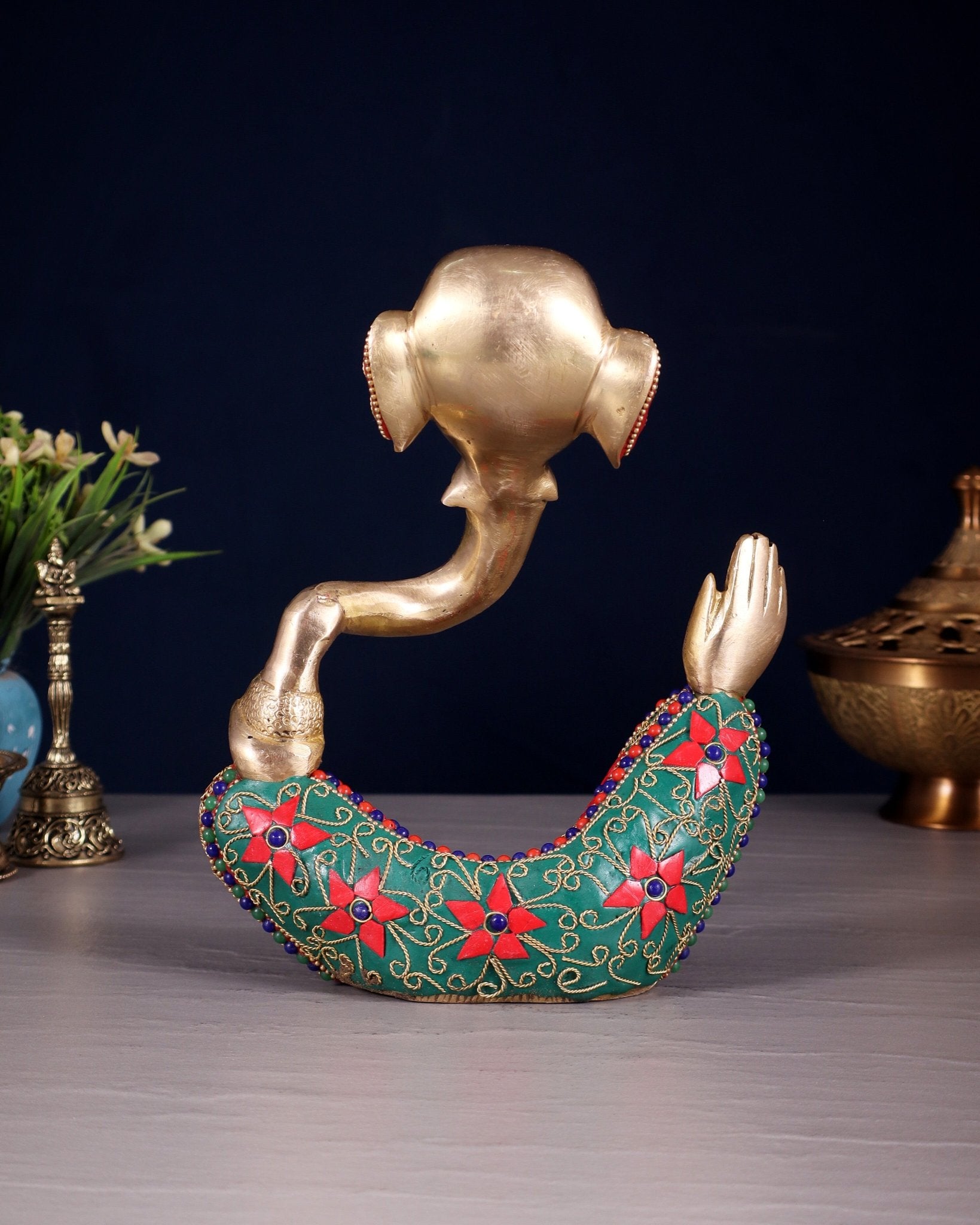 Ganesha modern Idol Abstract Brass with floral stonework 8.5 inch - Budhshiv.com