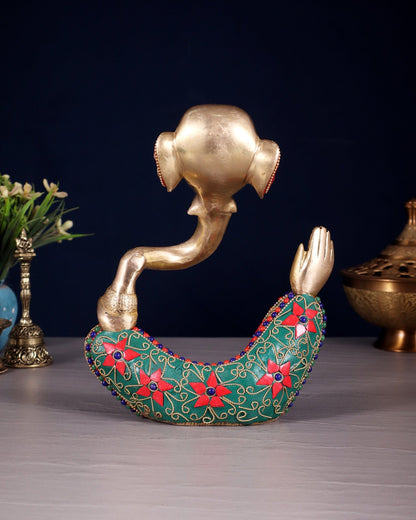 Ganesha modern Idol Abstract Brass with floral stonework 8.5 inch - Budhshiv.com