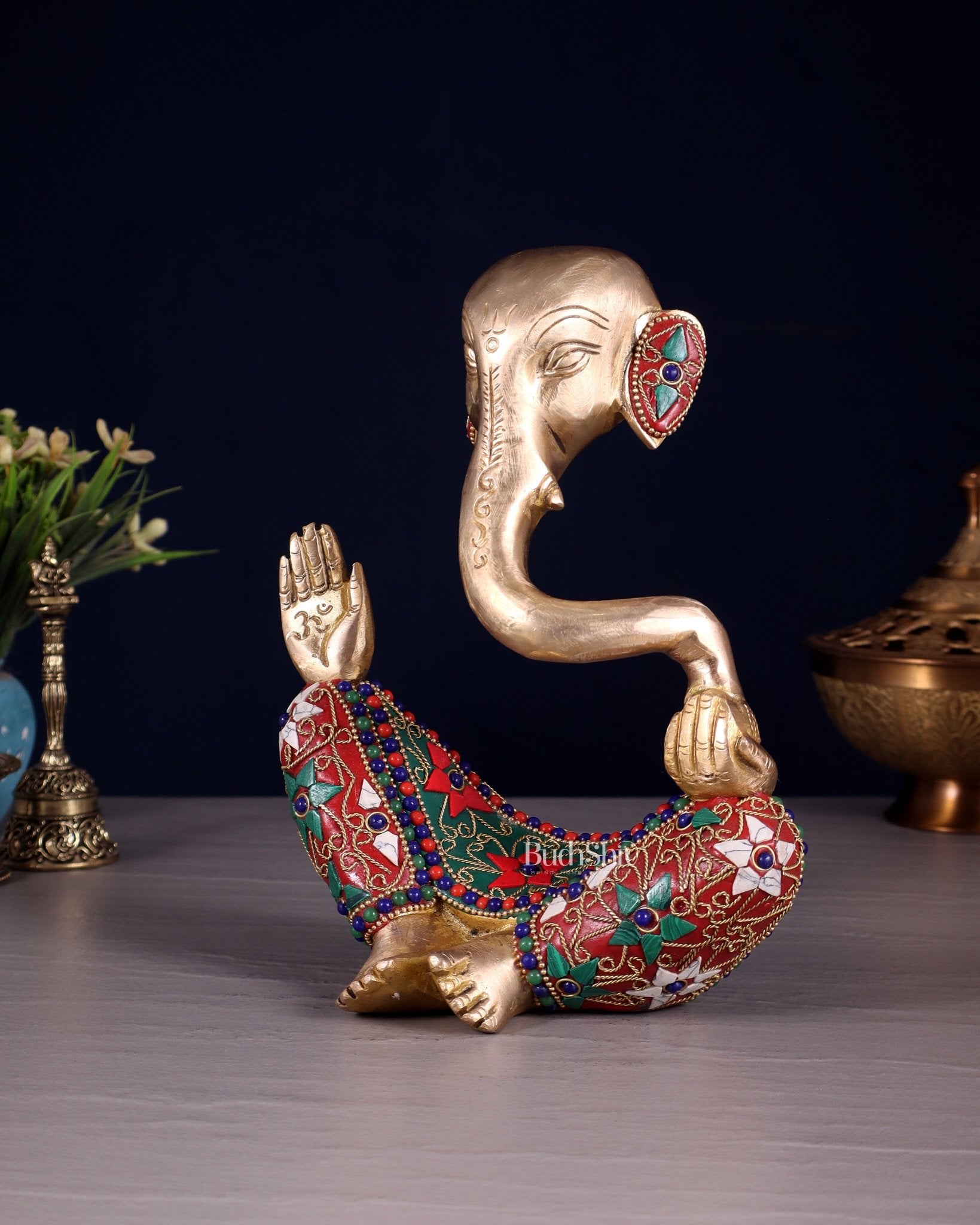 Ganesha modern Idol Abstract Brass with floral stonework 8.5 inch - Budhshiv.com