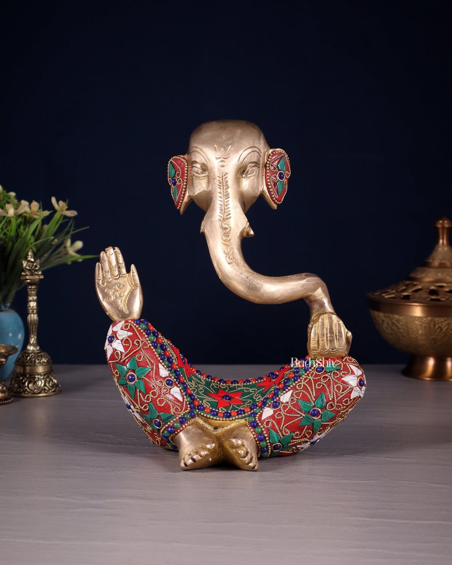 Ganesha modern Idol Abstract Brass with floral stonework 8.5 inch - Budhshiv.com