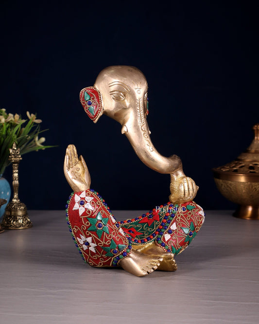 Ganesha modern Idol Abstract Brass with floral stonework 8.5 inch - Budhshiv.com