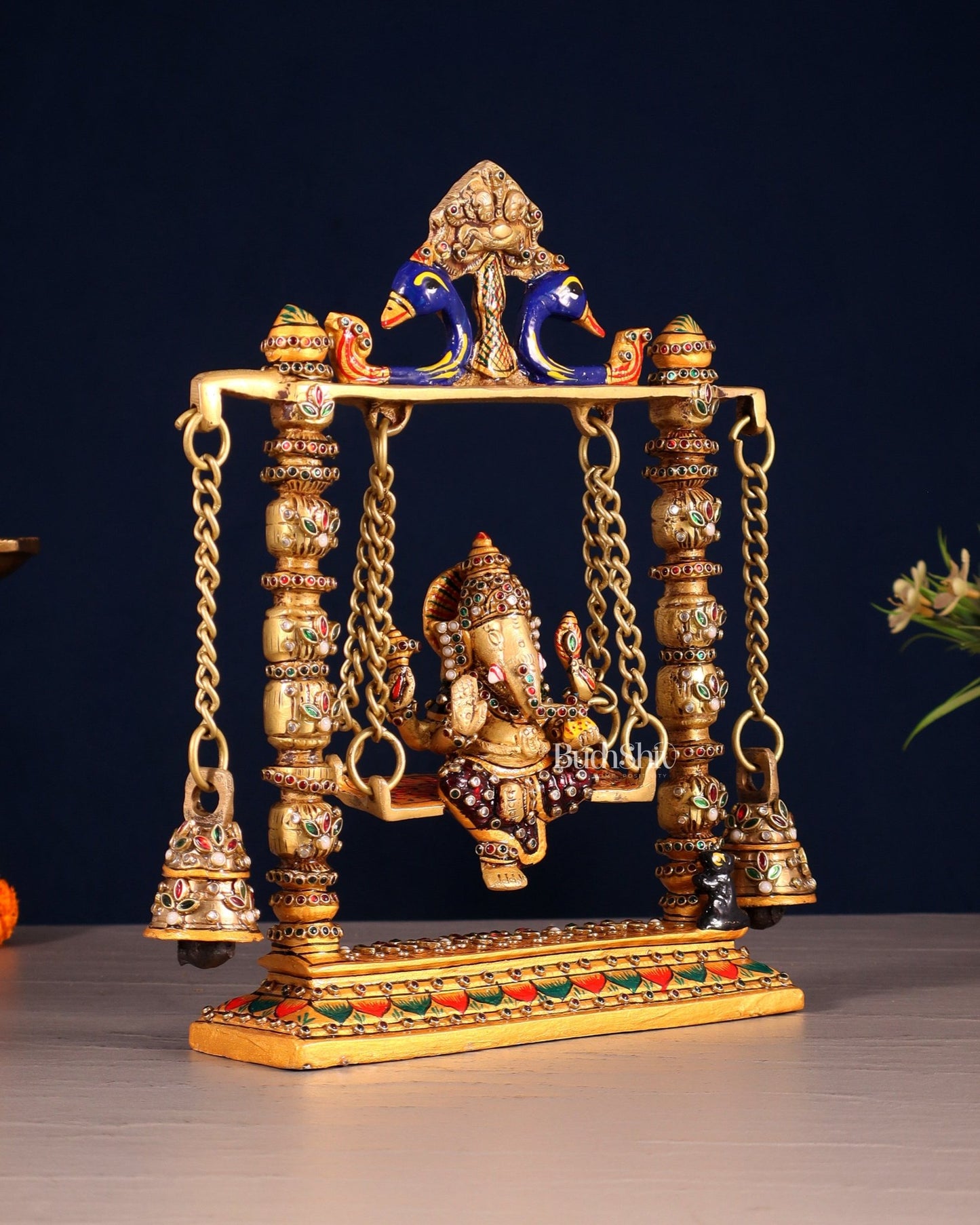 Ganesha on a swing pure brass laakh meenakari 10" - Budhshiv.com