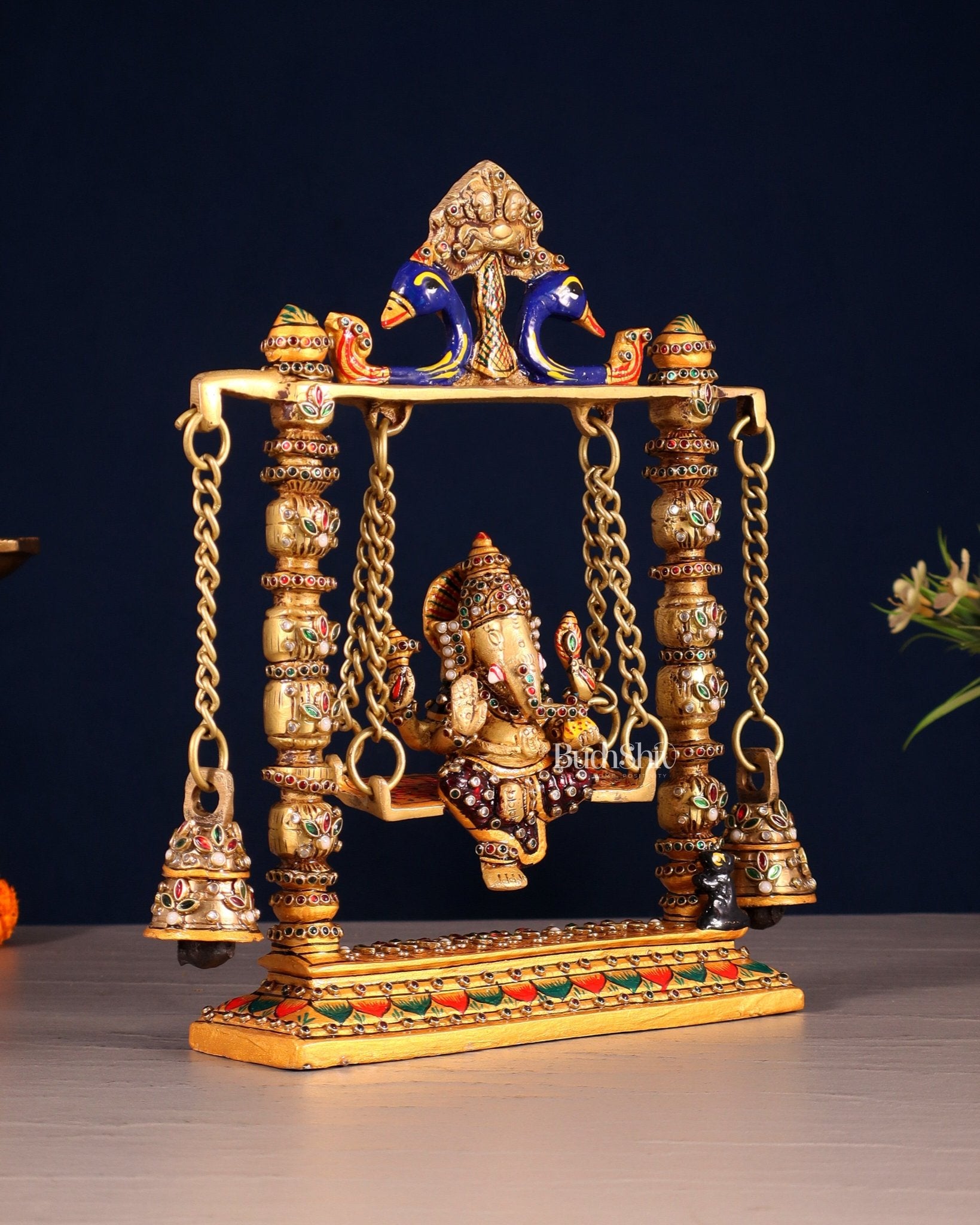 Ganesha on a swing pure brass laakh meenakari 10" - Budhshiv.com