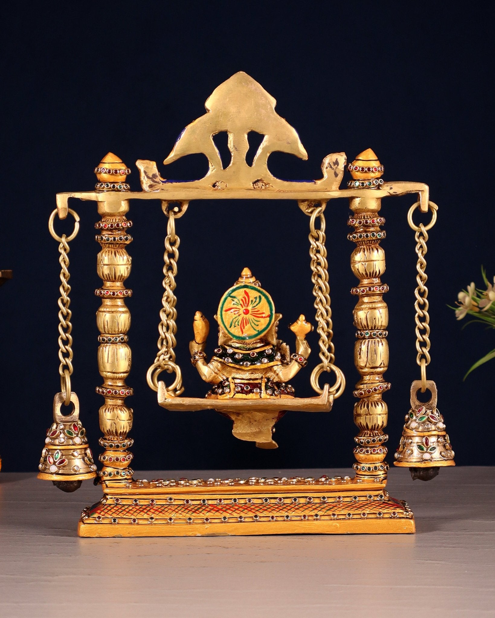 Ganesha on a swing pure brass laakh meenakari 10" - Budhshiv.com