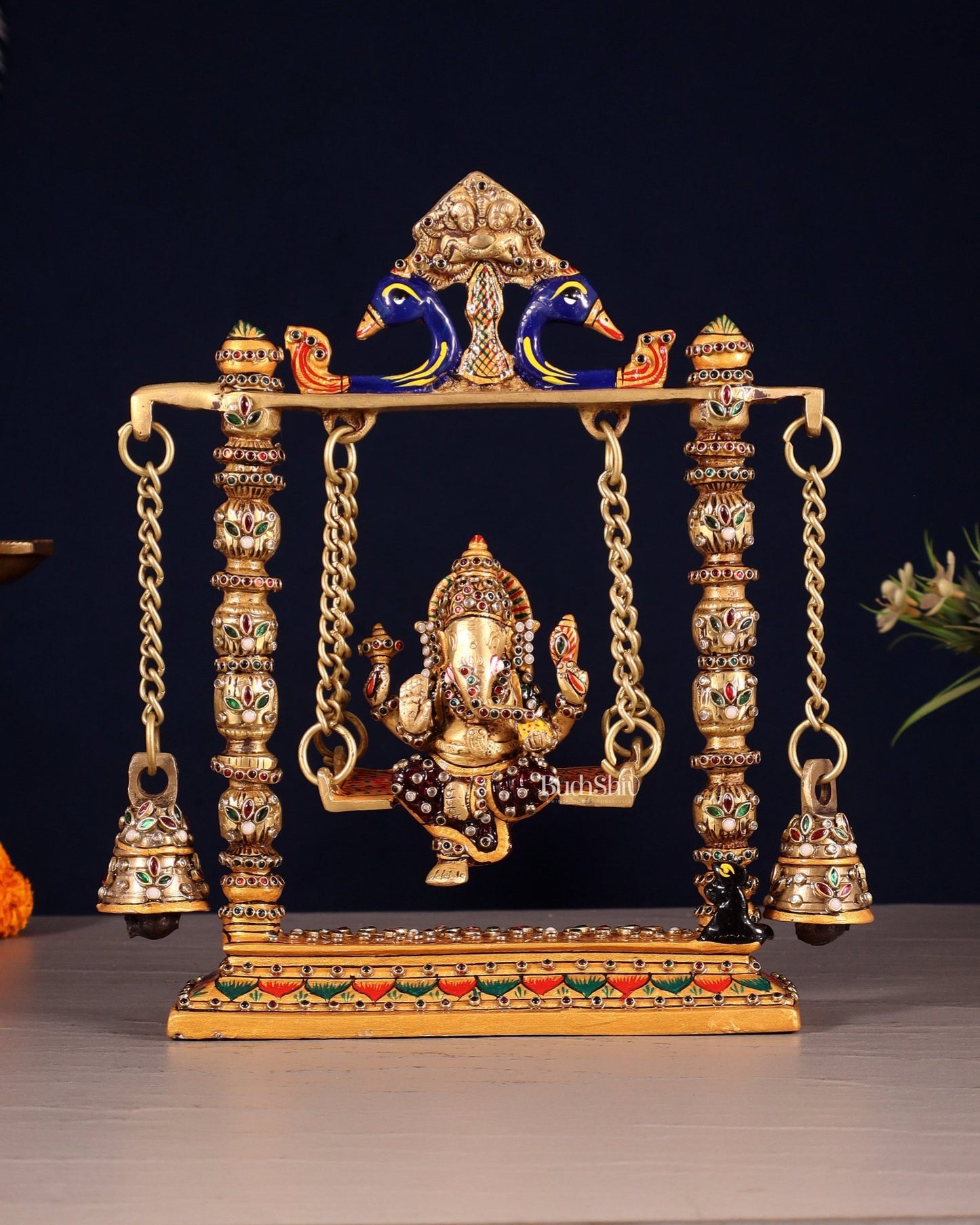 Ganesha on a swing pure brass laakh meenakari 10" - Budhshiv.com