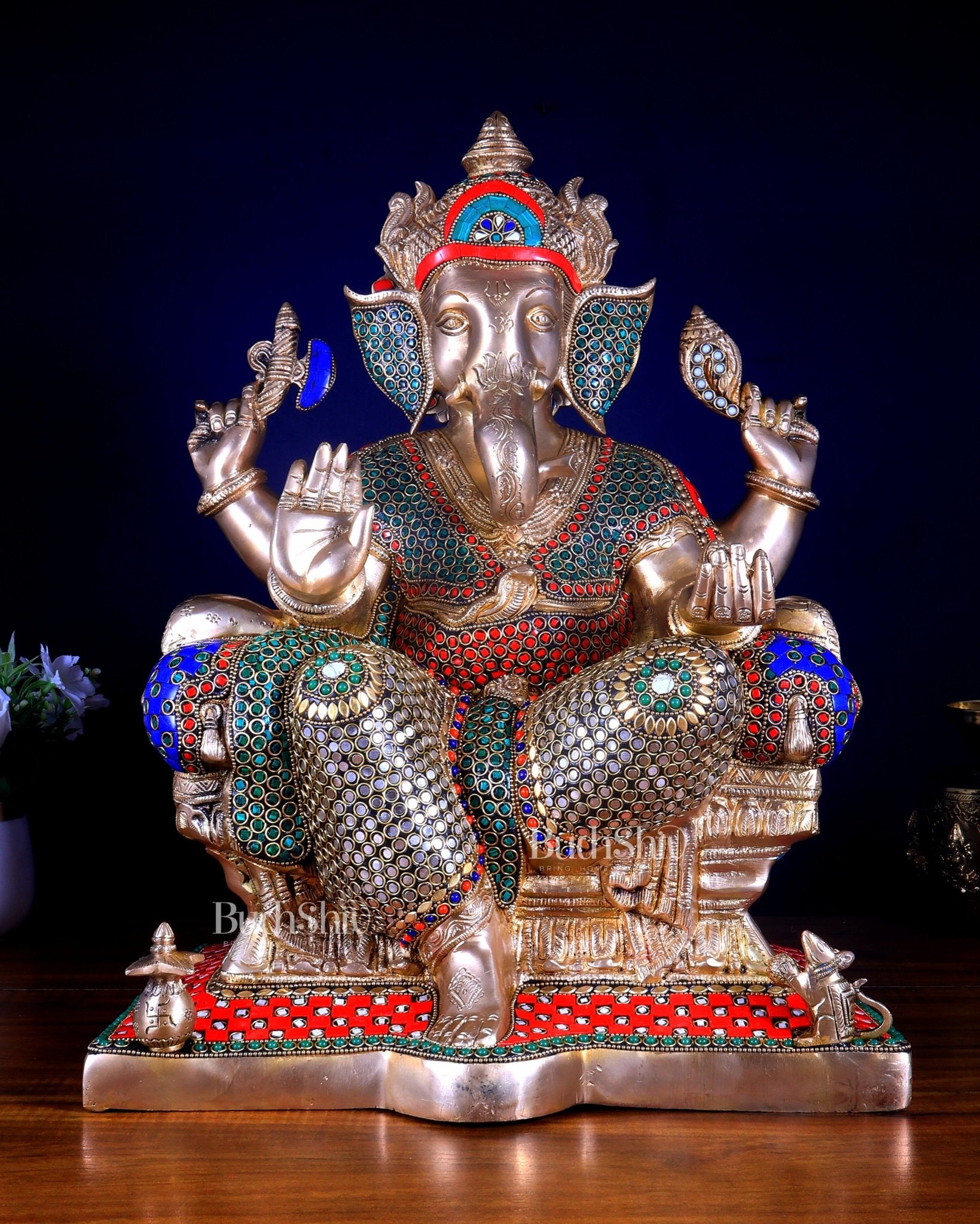 Ganesha Pure Brass statue with stonework - 18" - Budhshiv.com