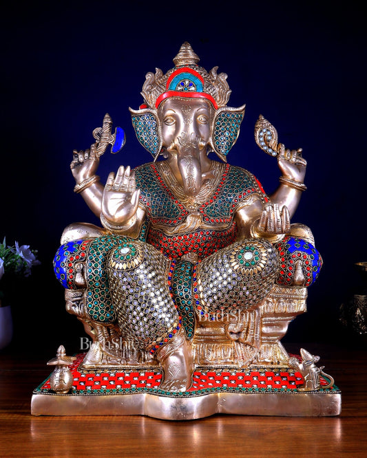 Ganesha Pure Brass statue with stonework - 18" - Budhshiv.com