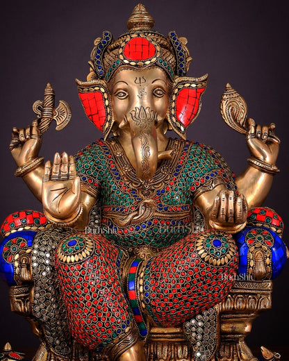 Ganesha Pure Brass statue with stonework - 18" - Budhshiv.com