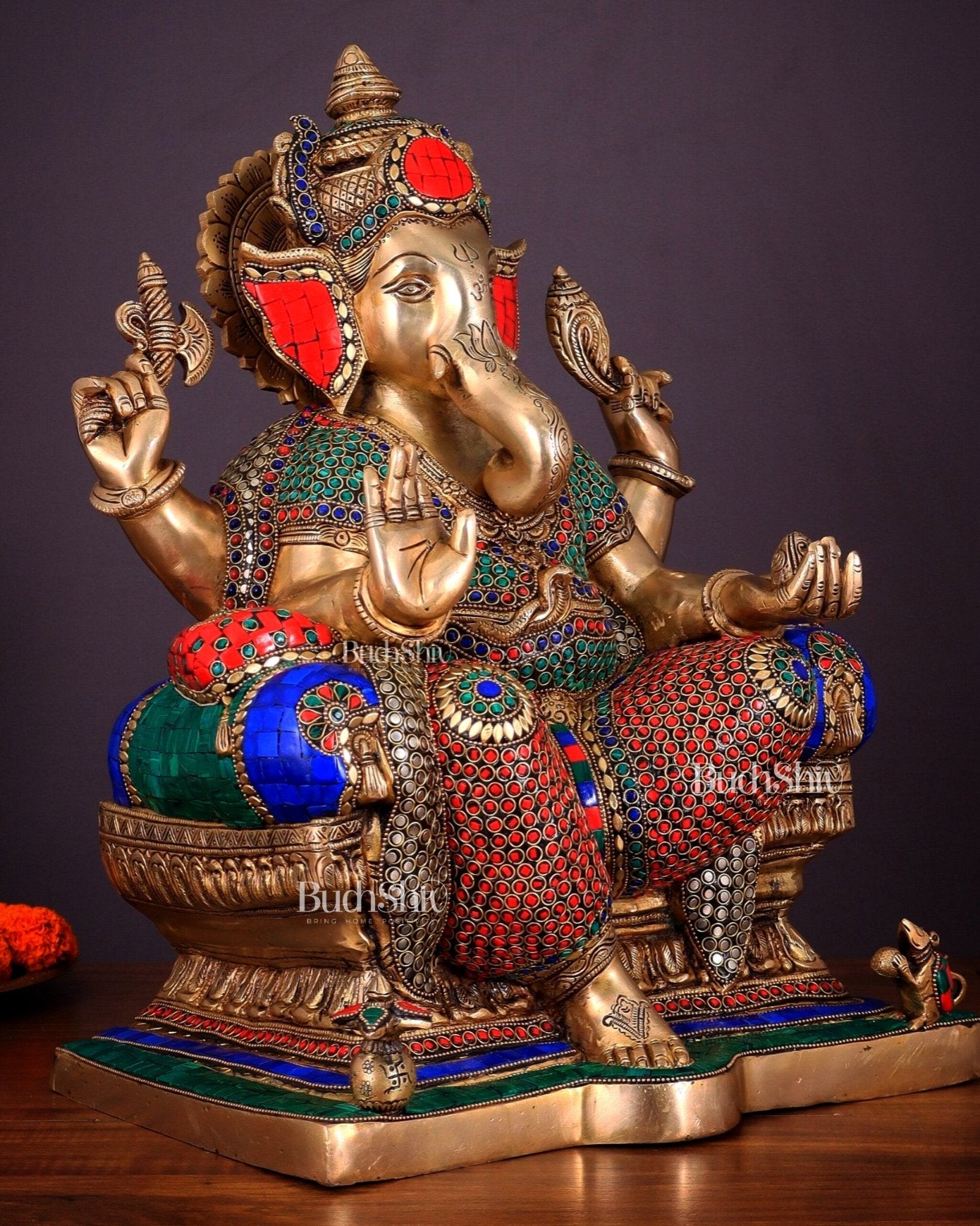 Ganesha Pure Brass statue with stonework - 18" - Budhshiv.com