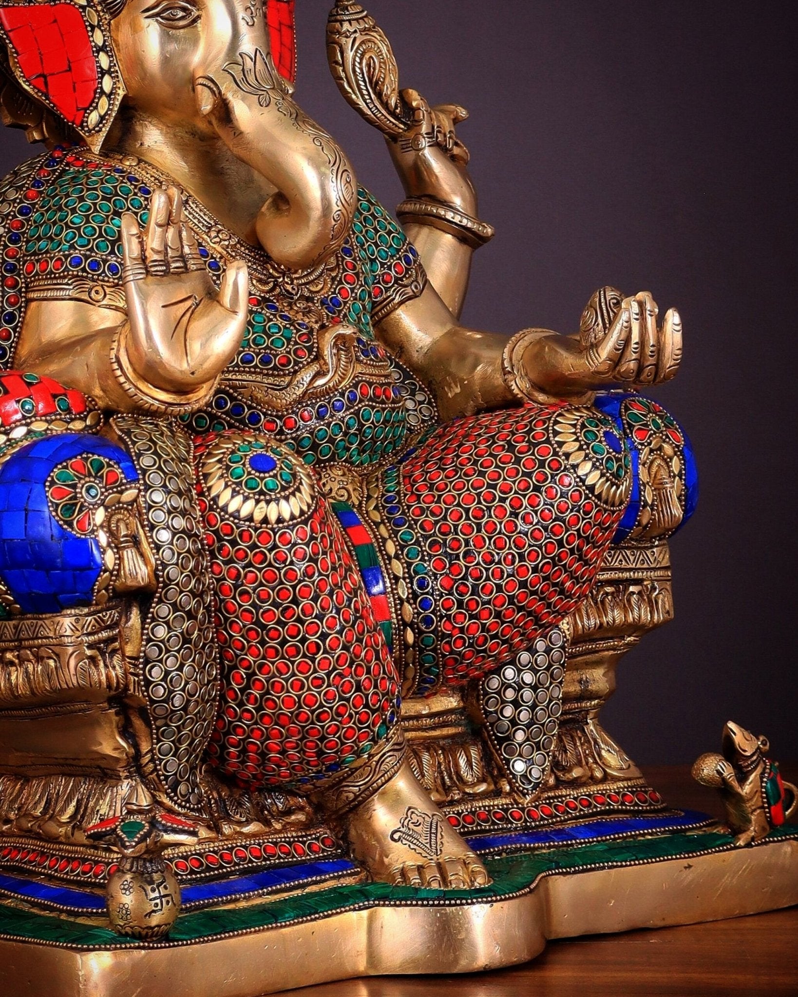 Ganesha Pure Brass statue with stonework - 18" - Budhshiv.com