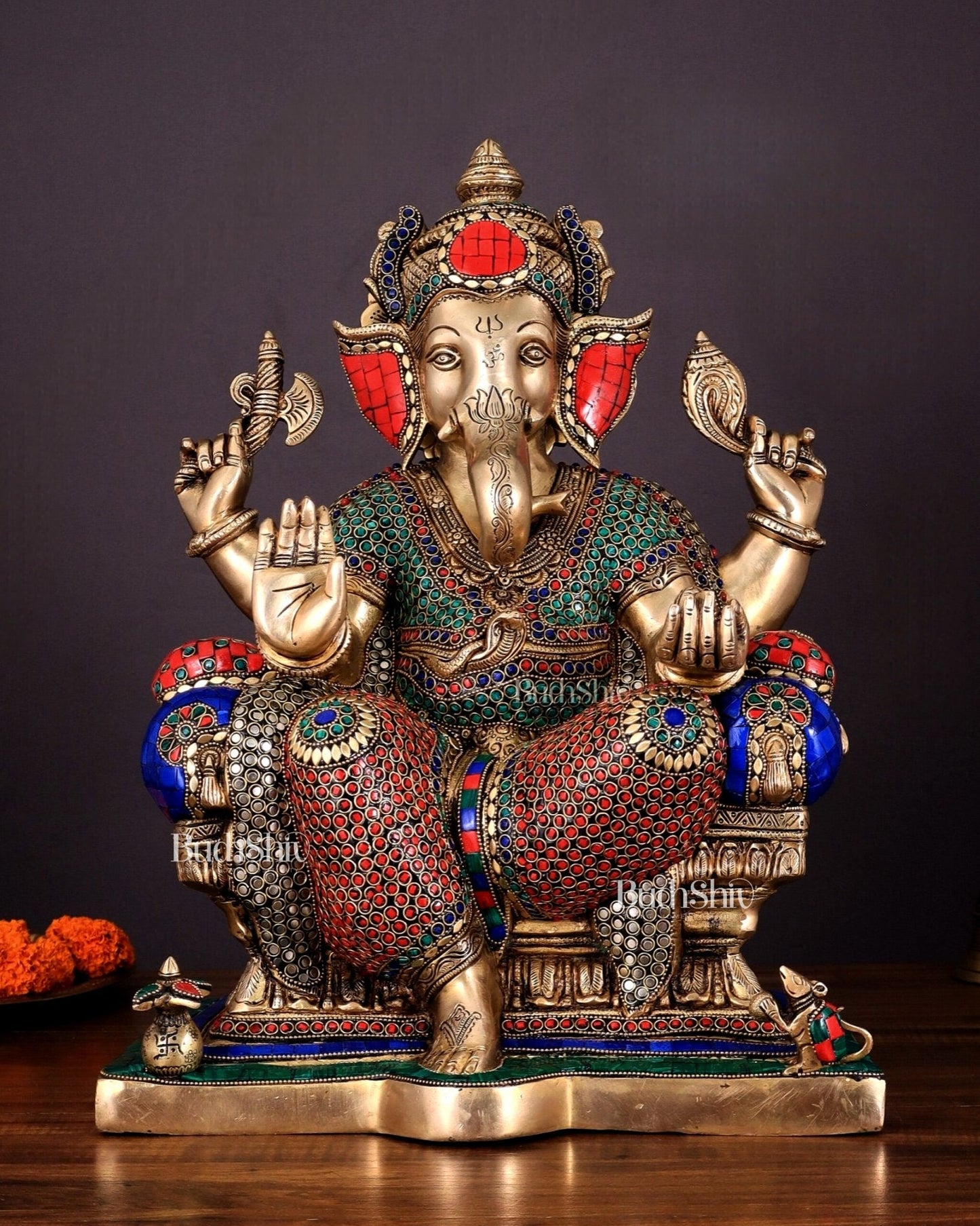 Ganesha Pure Brass statue with stonework - 18" - Budhshiv.com