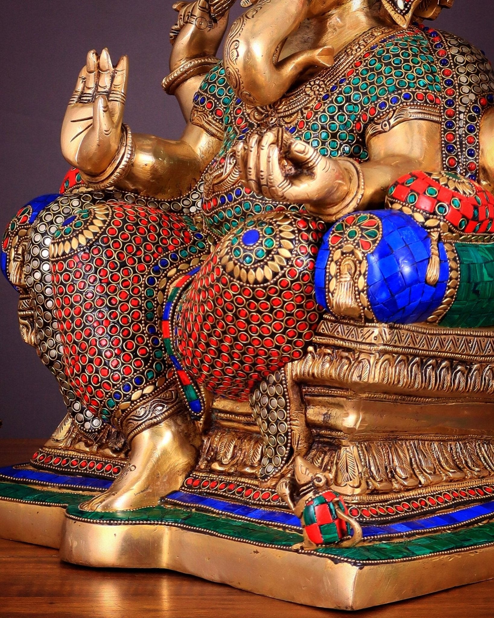 Ganesha Pure Brass statue with stonework - 18" - Budhshiv.com
