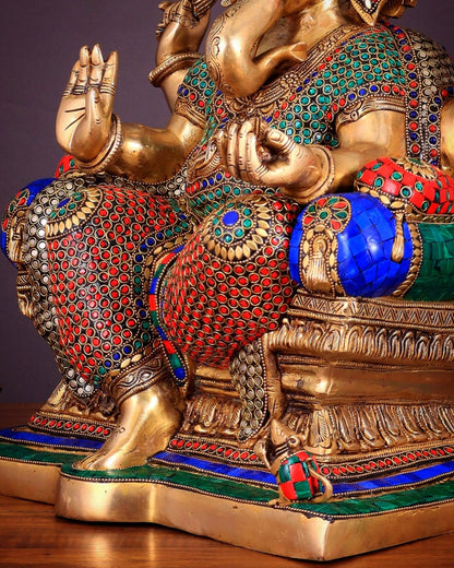 Ganesha Pure Brass statue with stonework - 18" - Budhshiv.com