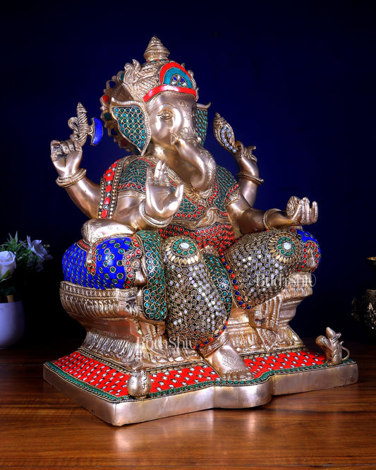 Ganesha Pure Brass statue with stonework - 18" - Budhshiv.com