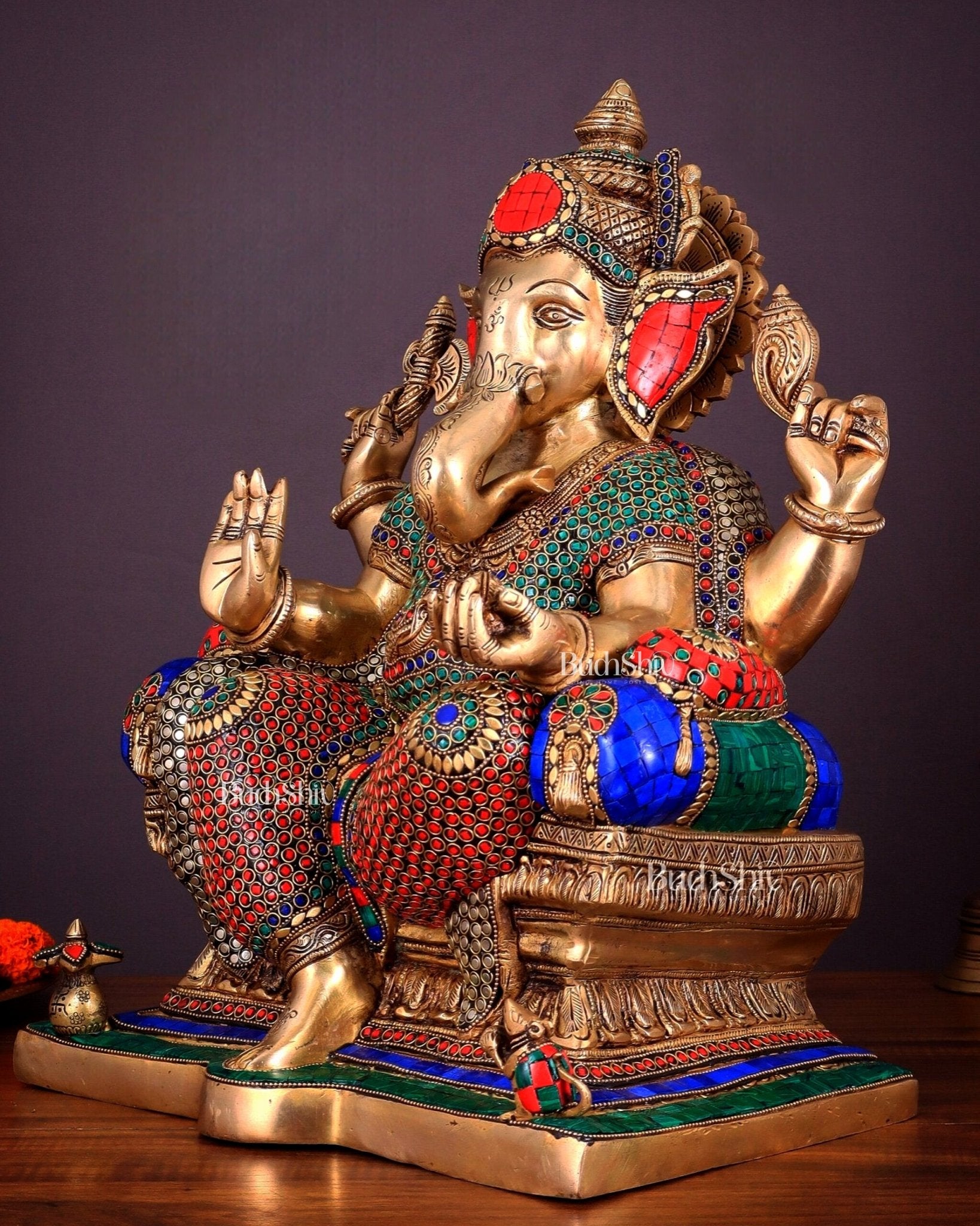 Ganesha Pure Brass statue with stonework - 18" - Budhshiv.com