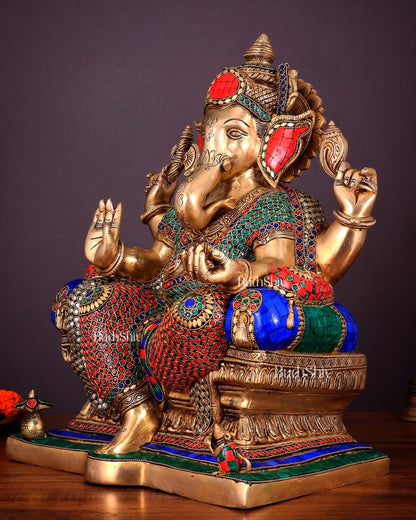 Ganesha Pure Brass statue with stonework - 18" - Budhshiv.com