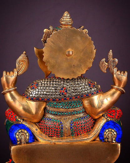 Ganesha Pure Brass statue with stonework - 18" - Budhshiv.com