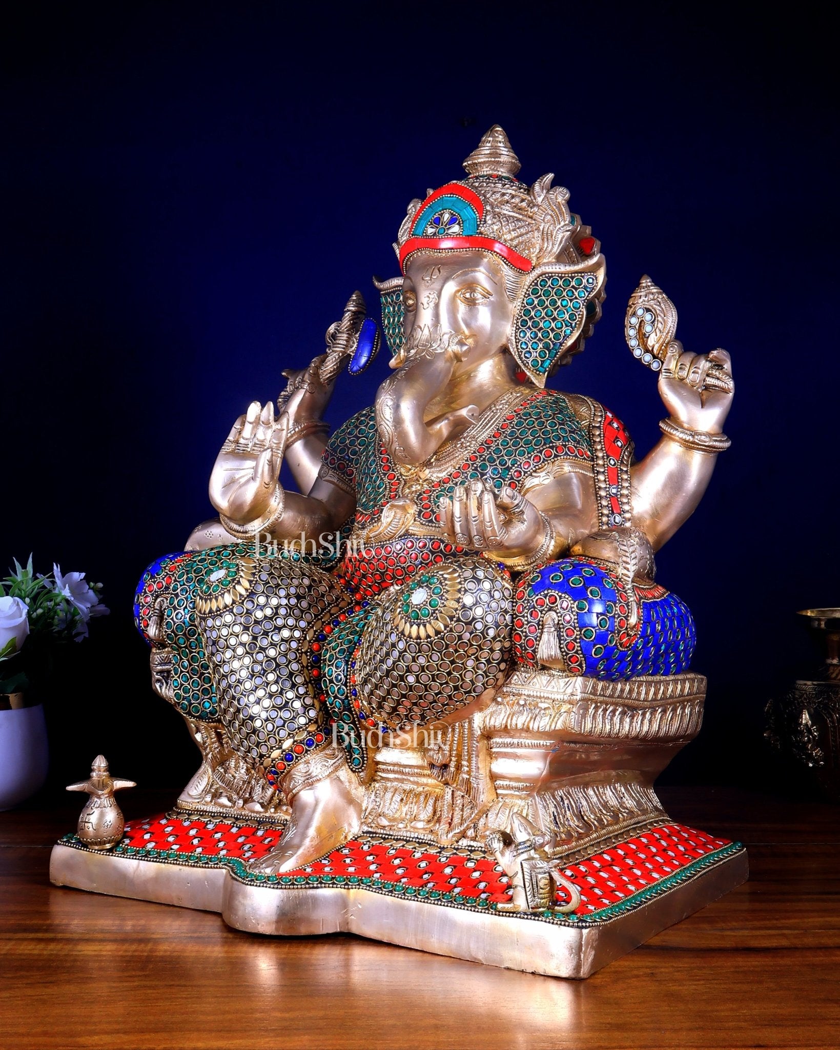 Ganesha Pure Brass statue with stonework - 18" - Budhshiv.com