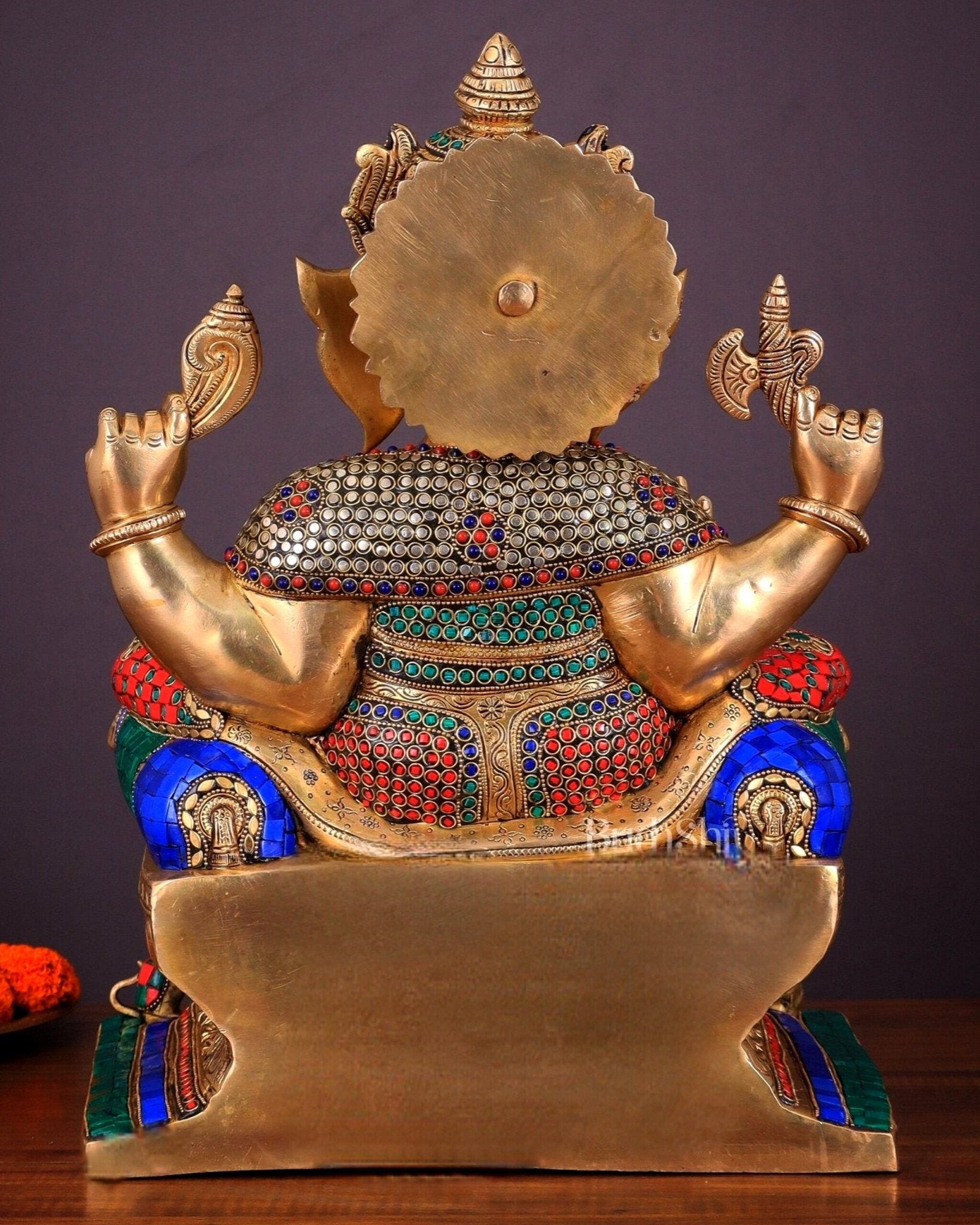 Ganesha Pure Brass statue with stonework - 18" - Budhshiv.com