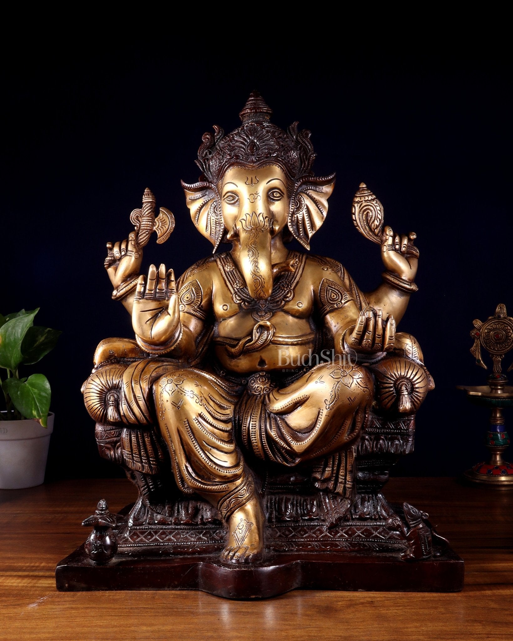 Ganesha Pure Brass Superfine statue with enhanced carvings - 18" dual toned - Budhshiv.com