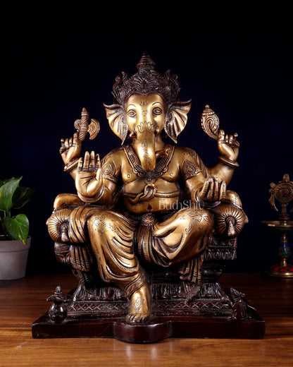 Ganesha Pure Brass Superfine statue with enhanced carvings - 18" dual toned - Budhshiv.com