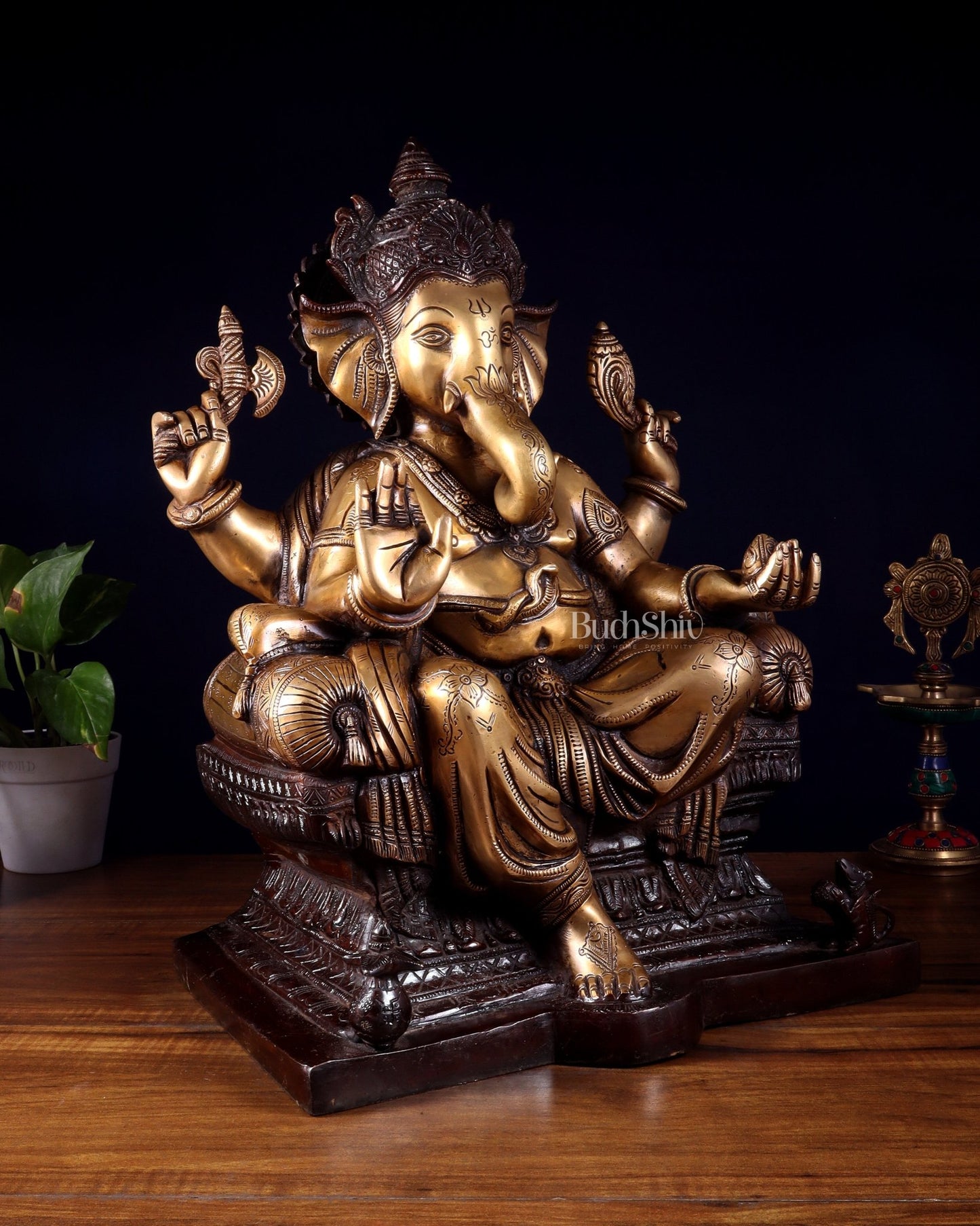 Ganesha Pure Brass Superfine statue with enhanced carvings - 18" dual toned - Budhshiv.com