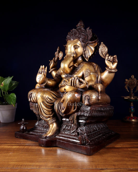 Ganesha Pure Brass Superfine statue with enhanced carvings - 18" dual toned - Budhshiv.com