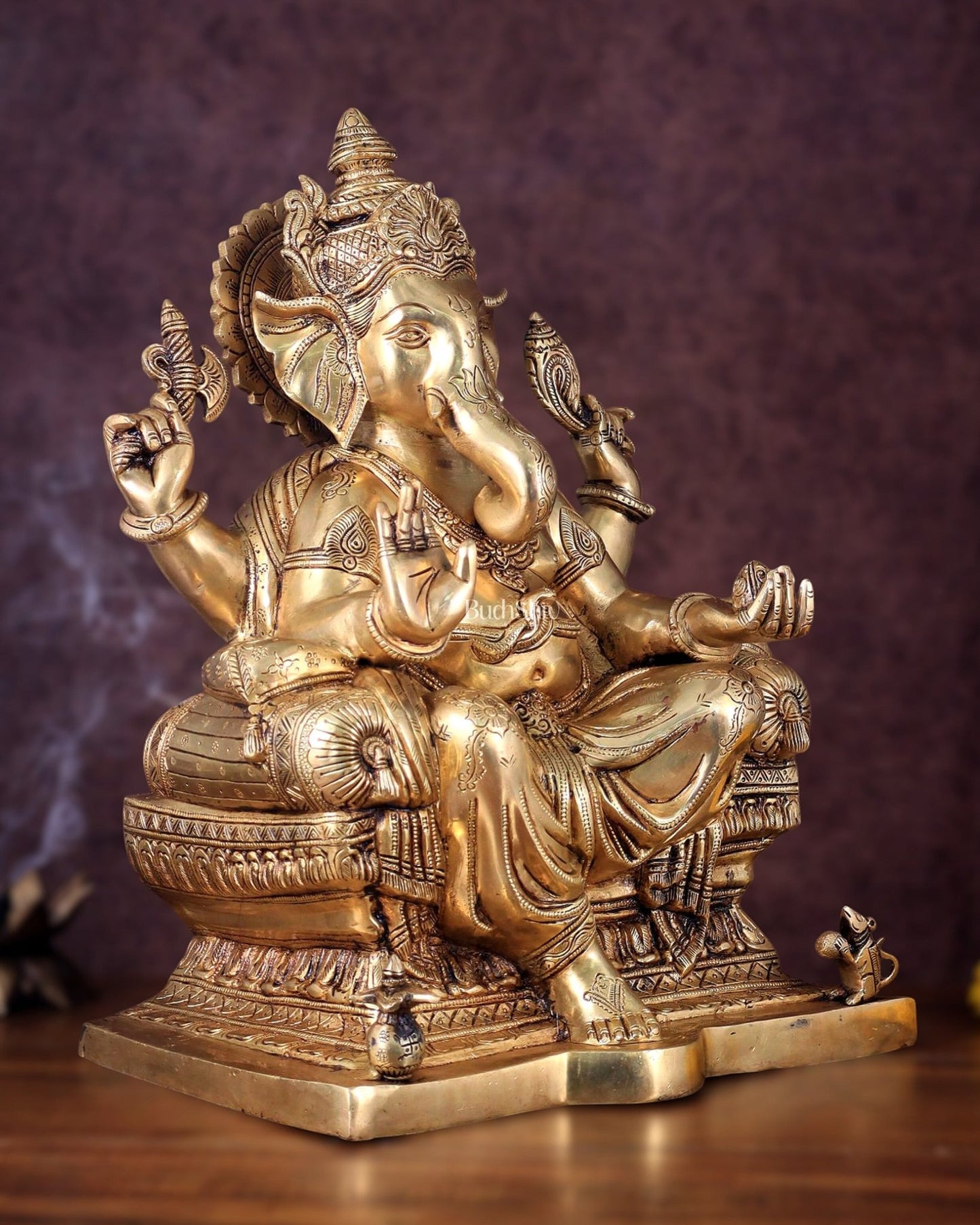 Ganesha Pure Brass Superfine statue with enhanced carvings - 18" - Budhshiv.com