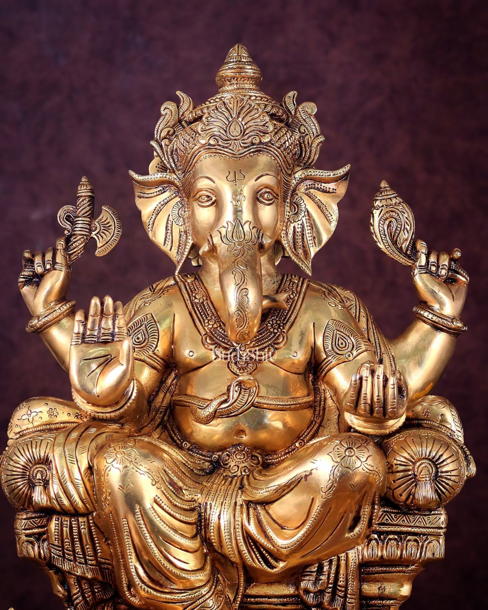 Ganesha Pure Brass Superfine statue with enhanced carvings - 18" - Budhshiv.com