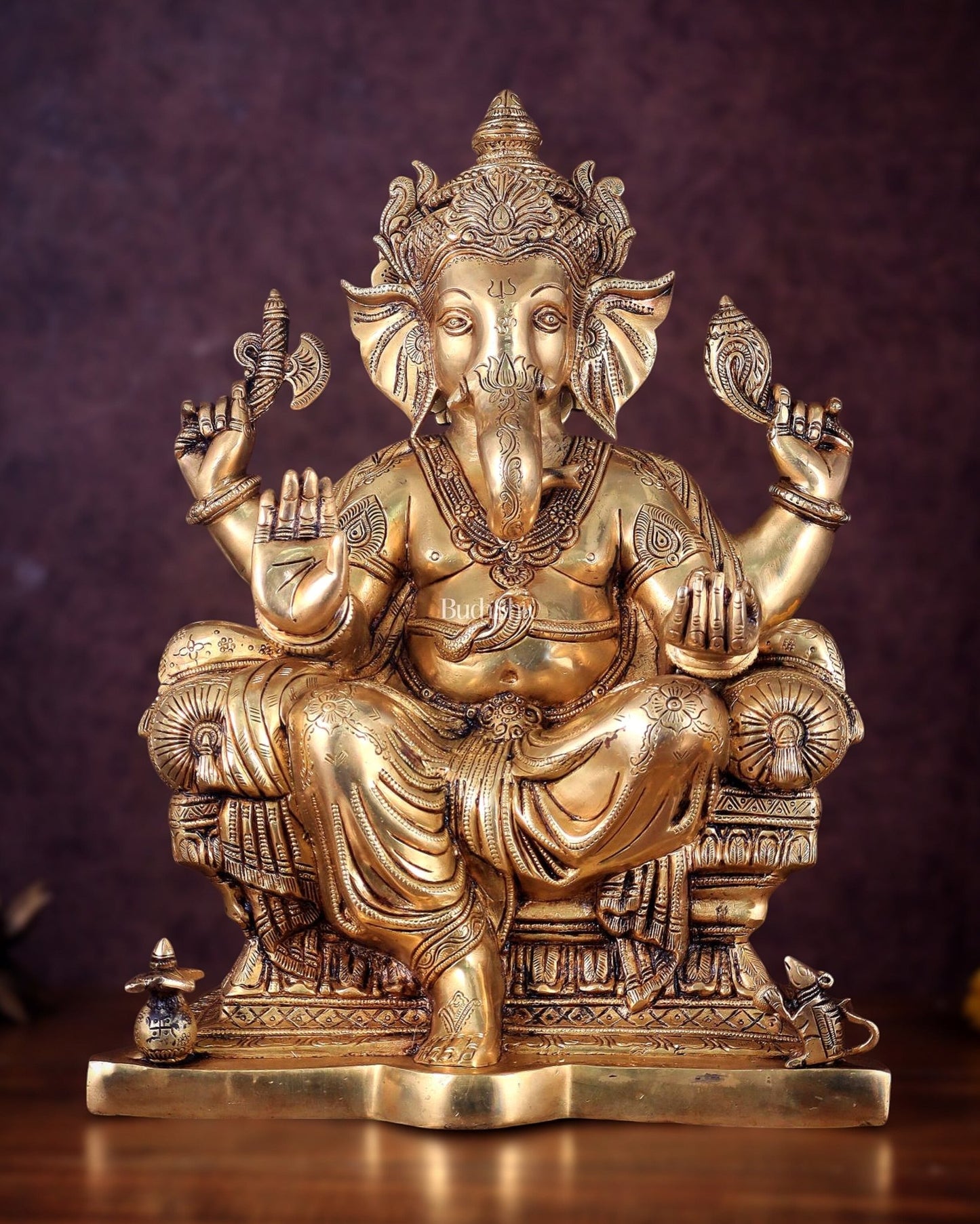Ganesha Pure Brass Superfine statue with enhanced carvings - 18" - Budhshiv.com