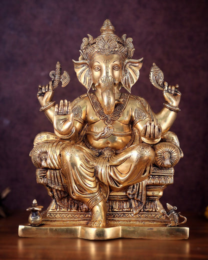 Ganesha Pure Brass Superfine statue with enhanced carvings - 18" - Budhshiv.com