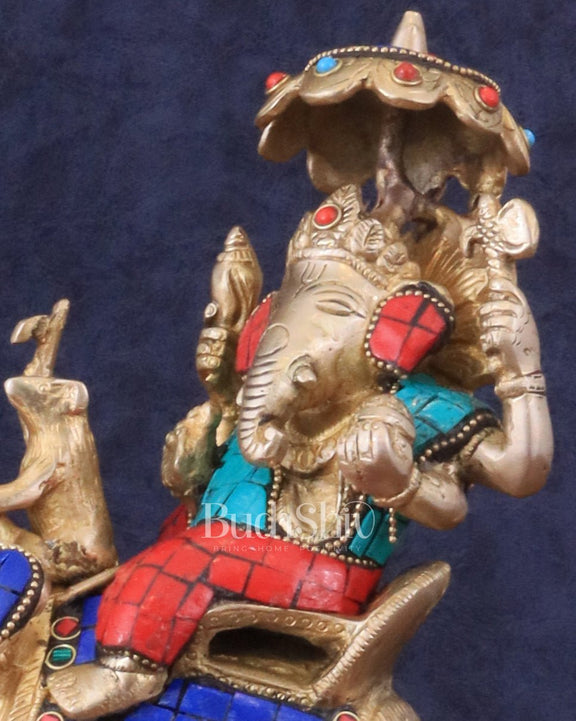 Ganesha sitting on elephant meenakari brass statue - Budhshiv.com