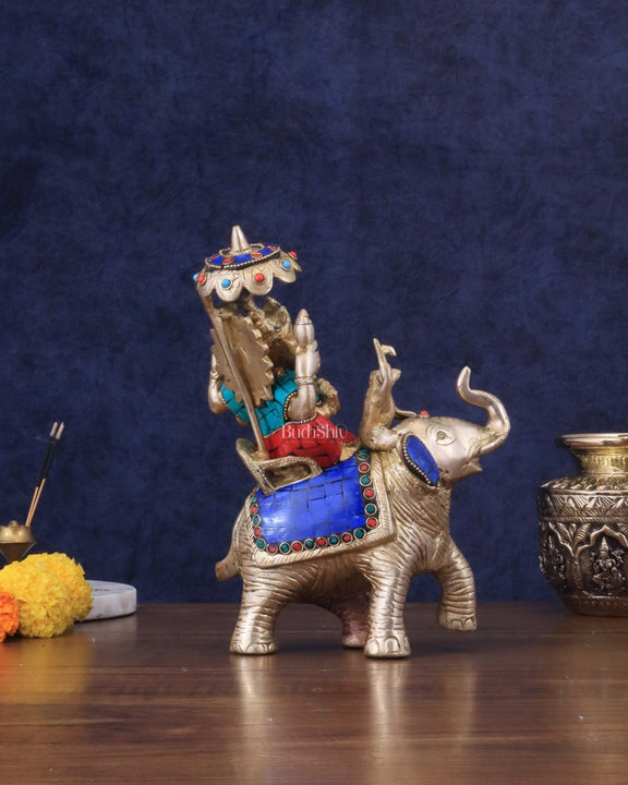 Ganesha sitting on elephant meenakari brass statue - Budhshiv.com
