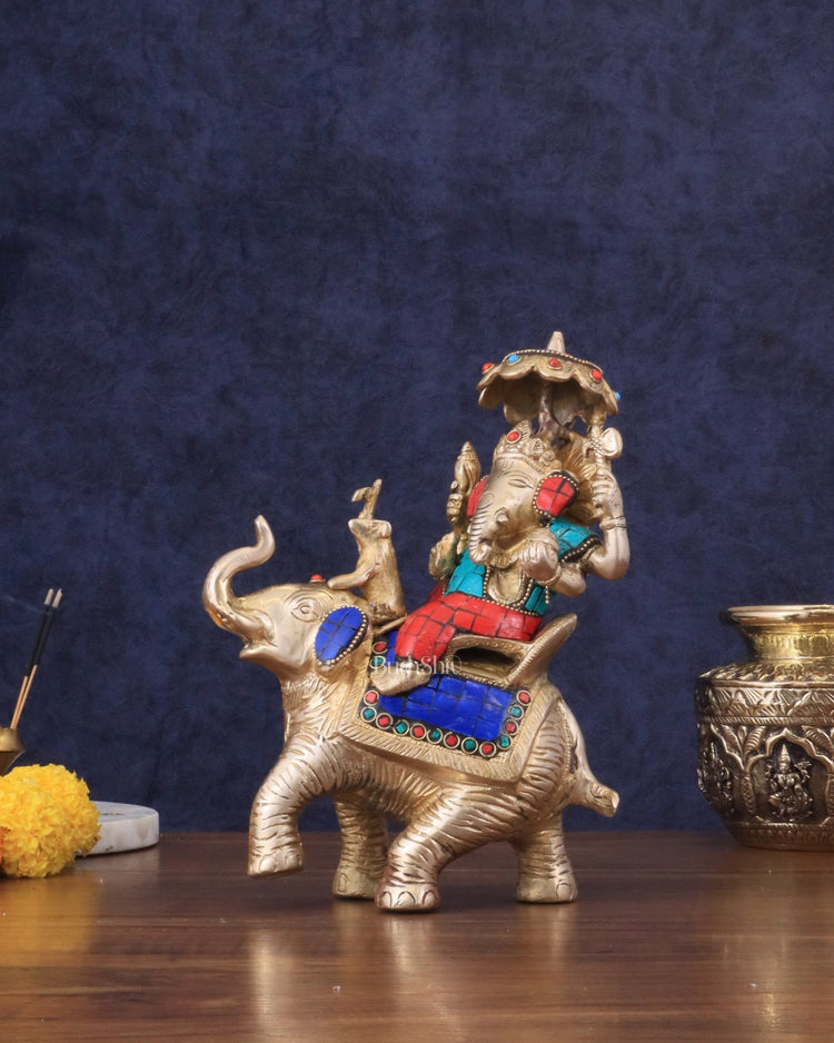 Ganesha sitting on elephant meenakari brass statue - Budhshiv.com