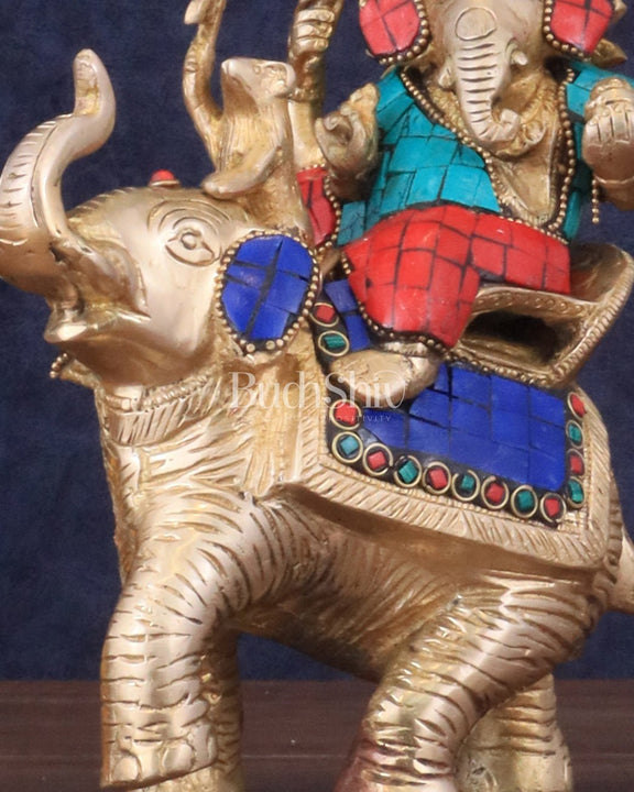 Ganesha sitting on elephant meenakari brass statue - Budhshiv.com