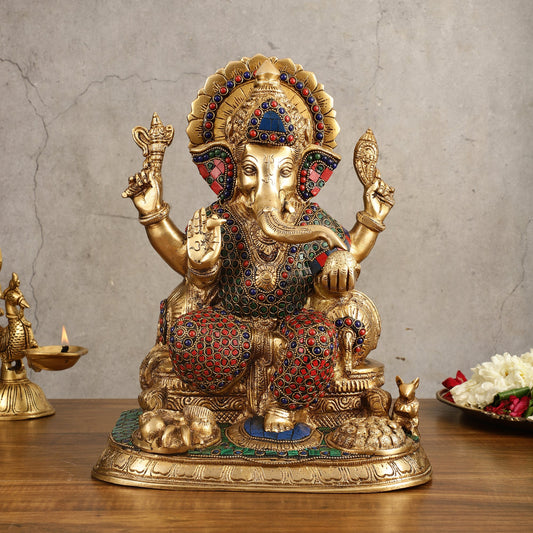 Ganesha Superfine Brass Idol with Spectacular Stonework - 13 Inch - Budhshiv.com