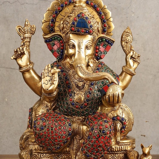 Ganesha Superfine Brass Idol with Spectacular Stonework - 13 Inch - Budhshiv.com