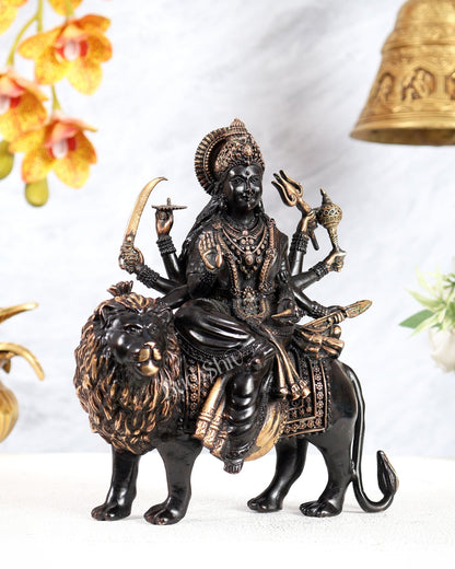 Goddess Durga Ambe Mata Sitting on Lion - 8" Tall brass idol black tone - Budhshiv.com