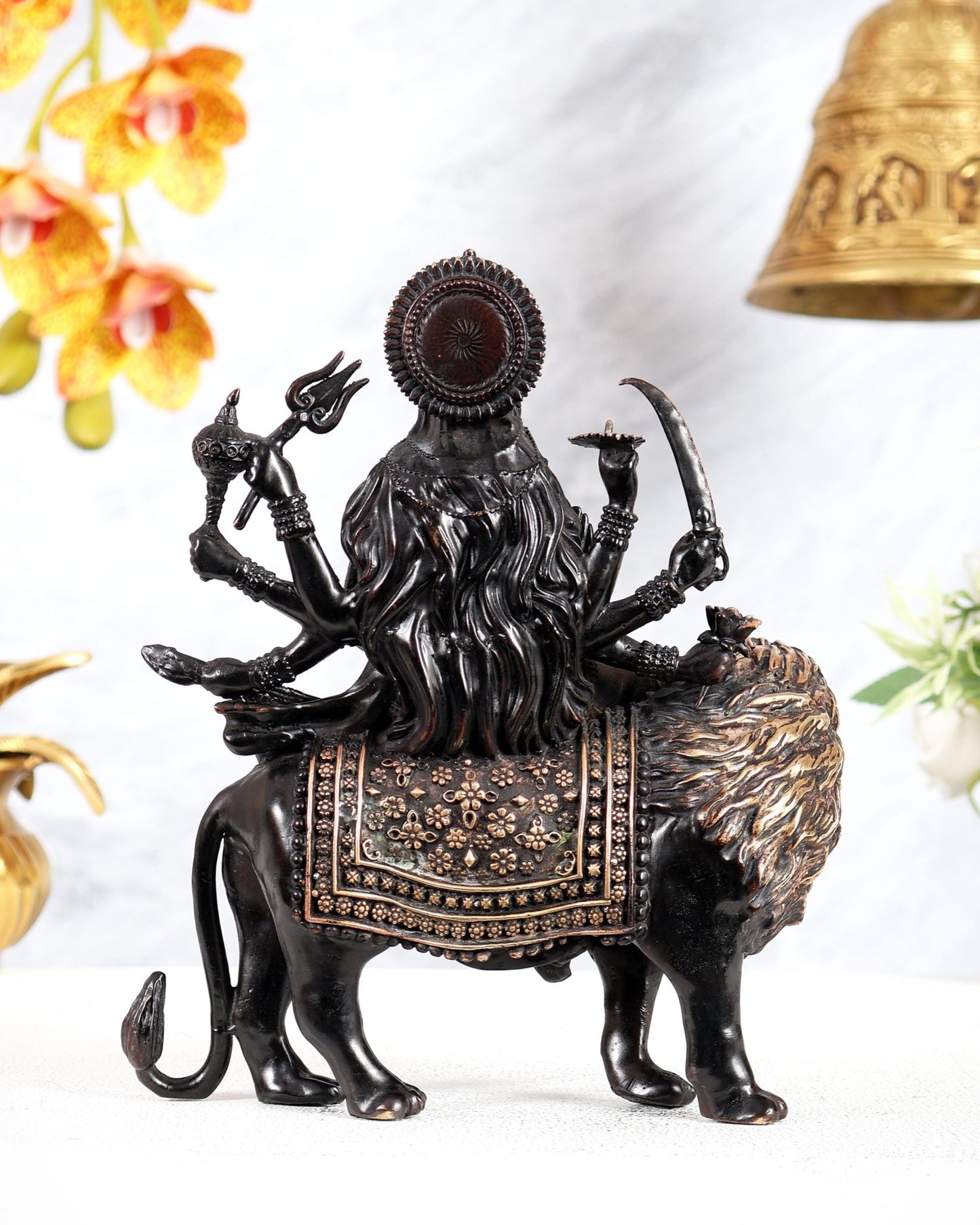 Goddess Durga Ambe Mata Sitting on Lion - 8" Tall brass idol black tone - Budhshiv.com