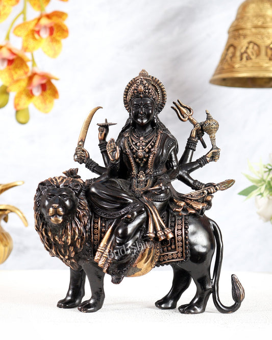 Goddess Durga Ambe Mata Sitting on Lion - 8" Tall brass idol black tone - Budhshiv.com